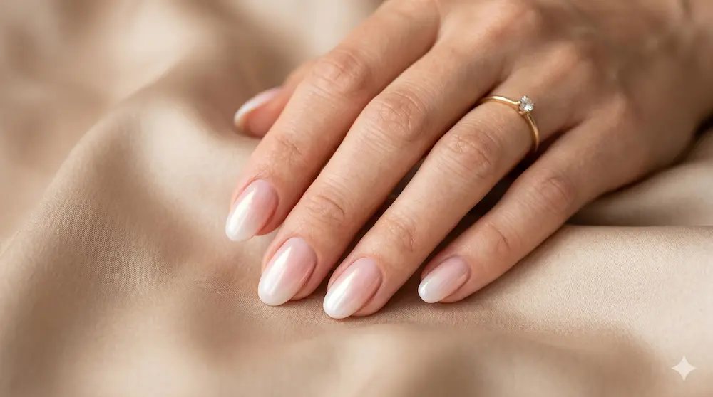 Zeitlose Eleganz und Sommertrends für Gelnägel: Perfekter Babyboomer mit Chrome-Glanz, modelliert von Ewa Leipprand in Villingen